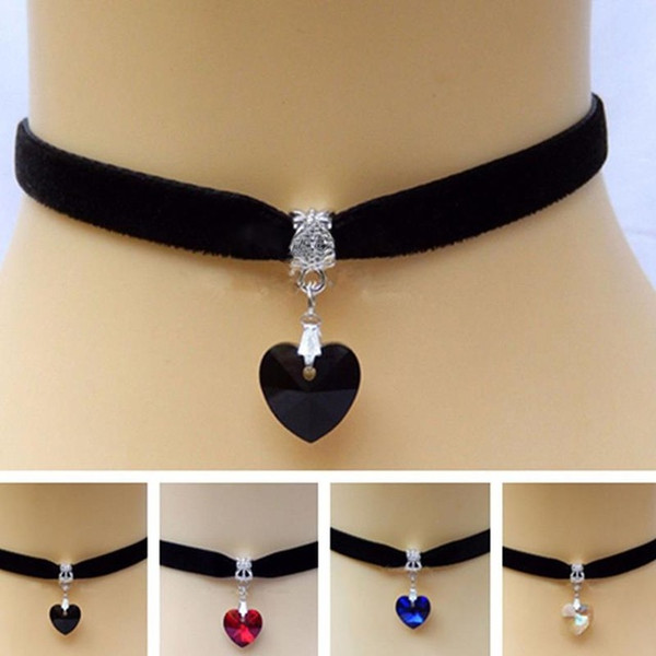 Women Men Lover Gothic Velvet Heart Crystal Choker Handmade Necklace Pendant Torques Retro 80 90s New Jewelry