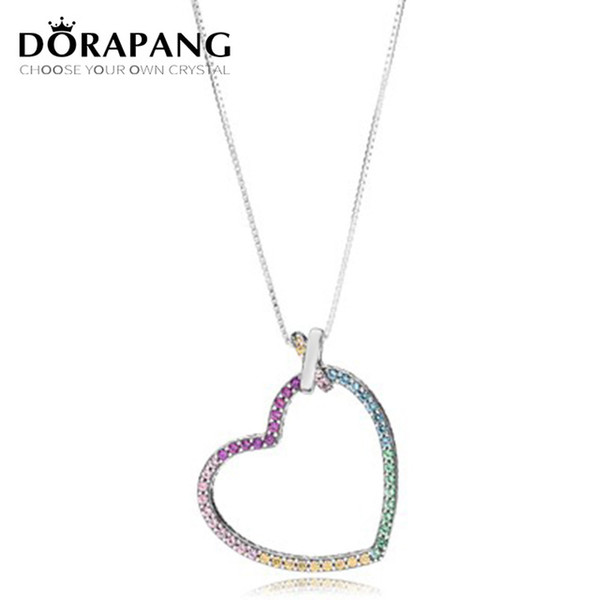 DORAPANG 100% 925 Sterling Silver New Colorful Rainbow Heart Necklace For DIY ORIGINAL WOMEN Gifts FREE SHIPPING