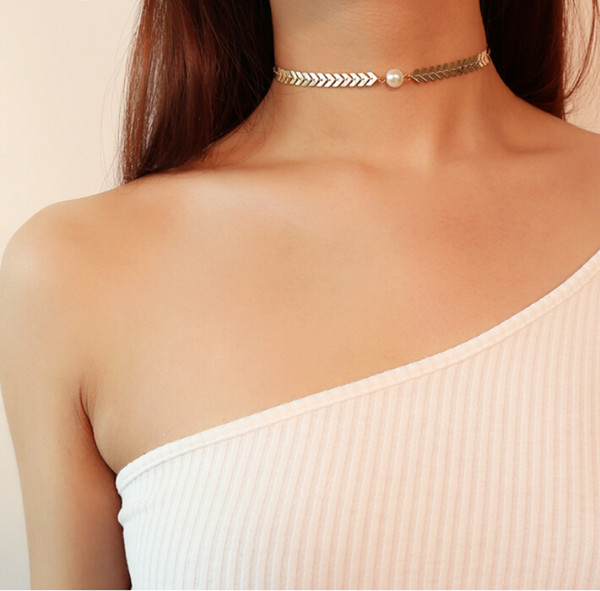 Golden clavicle chain women drops imitate pearl arrowhead Metal necklace Silver collar chain for valentine gift