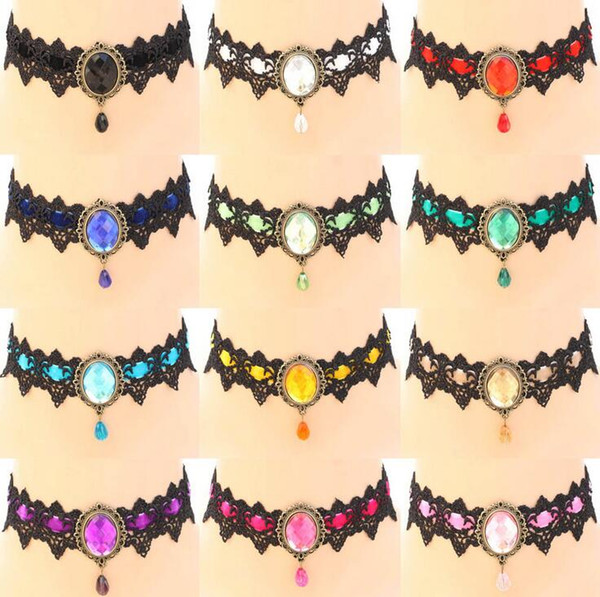 Free shipping Retro Lace Gemstone Necklace Collar Short Crystal Pendant Necklace WFN240 (with chain) mix order 20 pieces a lot