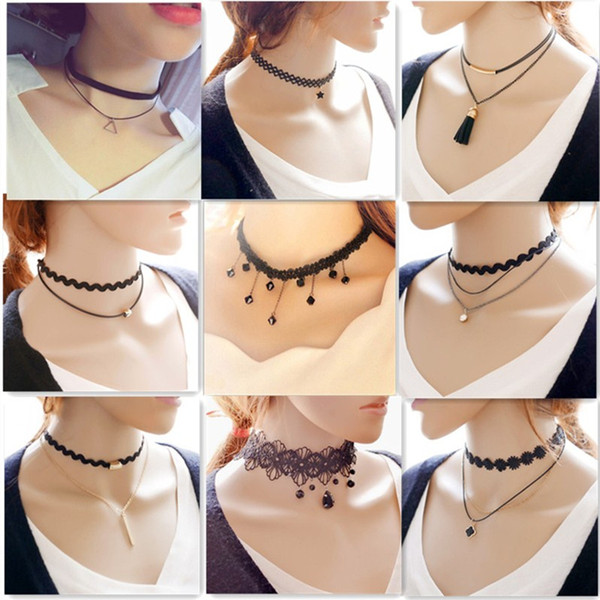 Vintage Style Lace Necklaces Chokers Creative Simple Jewelry Crystal Pendants Brand Muti-layer Ethnic Hollow-out Necklaces Chokers for Women