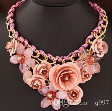 Wholesale 1 piece brand Colored gemstone pendant flowers braided rope necklace short clavicle exaggerated female jewelry with high quality