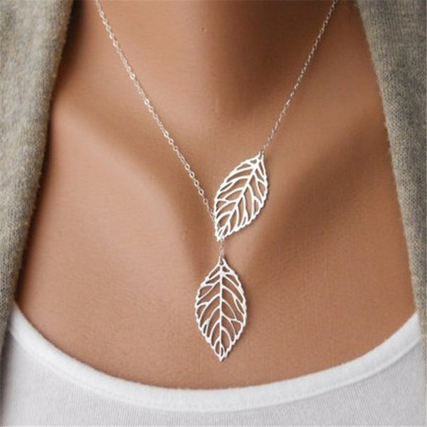 Gold And Sliver Vintage Punk Gold Plated Hollow Two Leaf Pendants Necklace Simple Choker Necklace Collar Statement Necklace Women Jewelry