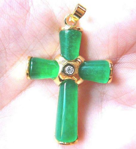 Rare Asian Charm green Jade Cross Pendant Necklace 17