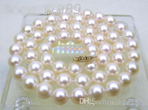 BEAUTIFUL AAA+ 6.5-7mm round white akoya pearls necklace 14k yellow solid gold