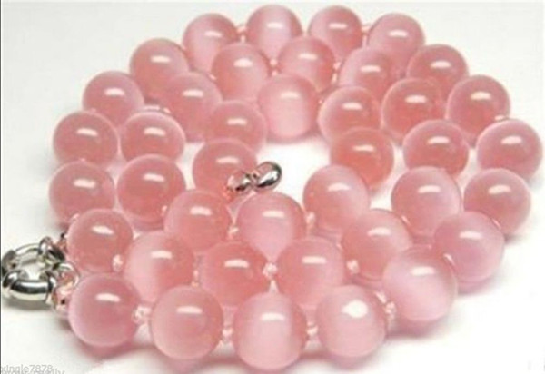 Pretty Handmade 10mm Pink Cat's Eye Stone Opal Round Gem Necklace 18inch AAA