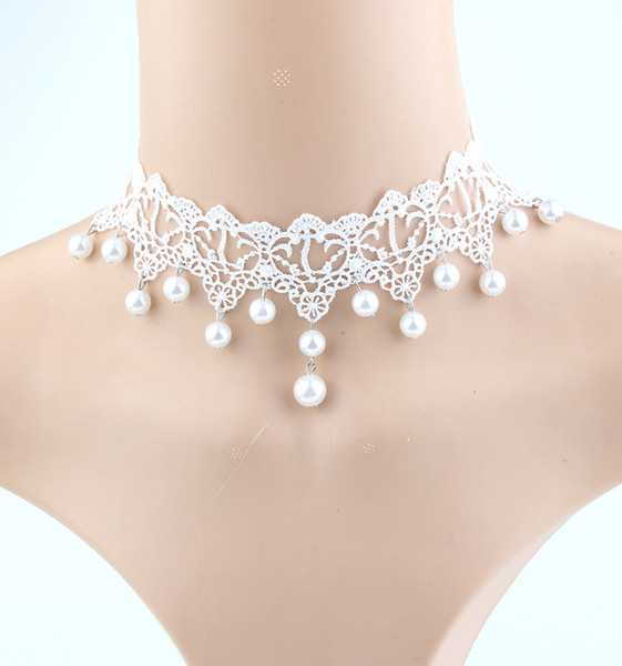 New style Fashion Elegant Vintage Imitation Pearl White Lace Statement Choker Necklaces Bridal Jewelry For Women Wedding