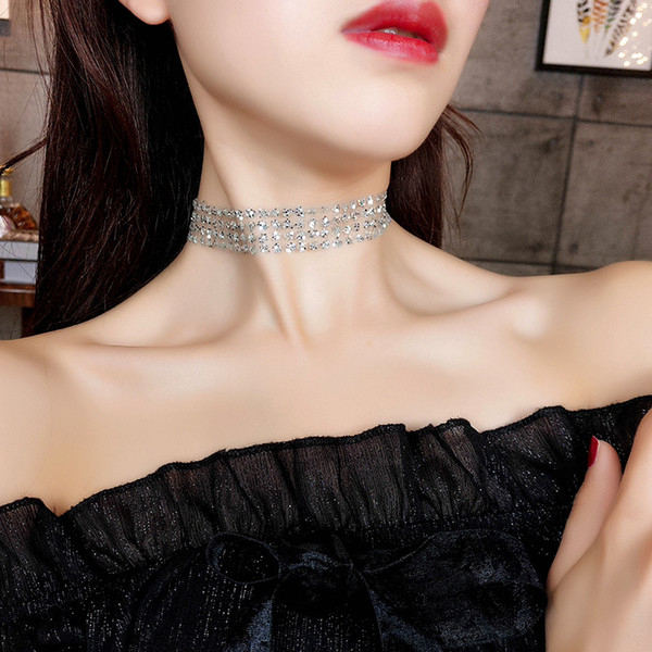 New style fashion Silver Color Sexy Lace Sequins Choker Necklaces For Women Bohemia Invisible Neck Chain Chocker Collar Statement Necklace