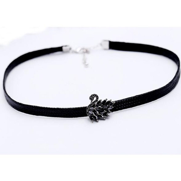 Eur Fashion Clear Crystal Rhinestone Animal Chokers Black Leather Rope Necklace For Women Girl Charm Jewelry Accessories