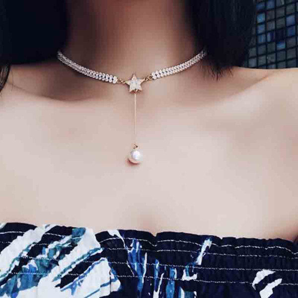 Temperament Women Two Layers Crystal Chain Chokers Pearl Pendant Necklace Calvicle Chain For Party Jewelry Accessories