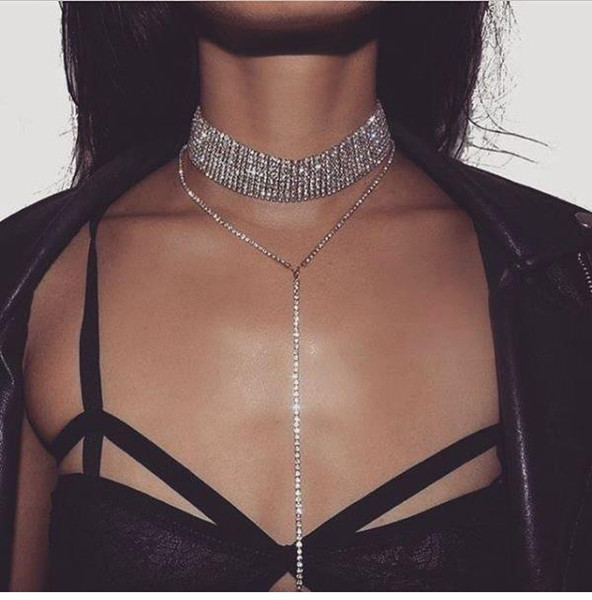 Rhinestone Choker Necklace For Women Jewelry Retro Fashional Alloy Crystal Choker Necklace Lady Party Ornament Chain Necklace Sliver Color