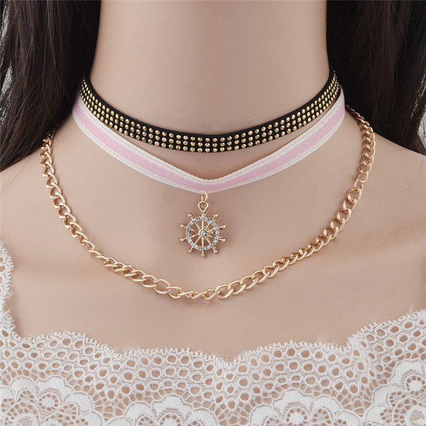 European and American Fashion Accessories Choker Multilayer Personality Flannelette Set Auger Stripe Fabric Necklace