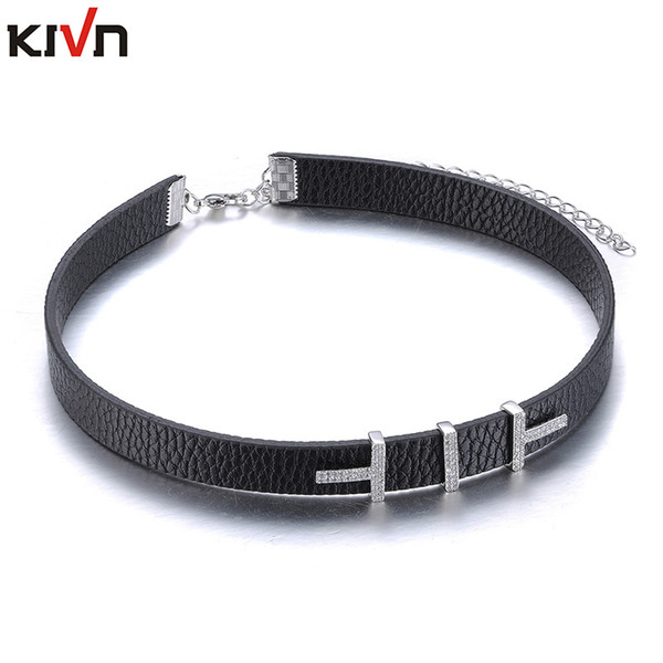 KIVN Fashion Jewelry Pave CZ Cubic Zirconia Black Gothic Leather Collar Choker Necklaces for Women Birthday Christmas Gifts