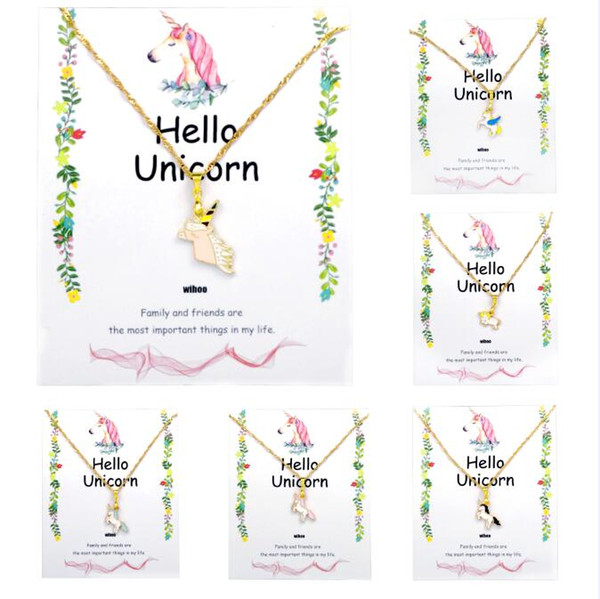 Unicorn Necklace Card Pendant Wihoo Horse Women Pendant Children Girls Cute Fashion Jewelry Gift Kids Enamel Party Gold