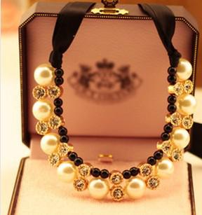 Upscale jewelry wholesale pearl rhinestone halter neck dress short black ribbon necklace G615