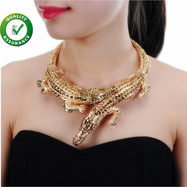 Punk Collar Necklace Luxury Designer Jewelry Women Fashion Exaggerated Full Rhinestone Crocodile Necklaces Trend Statement Choker Gift