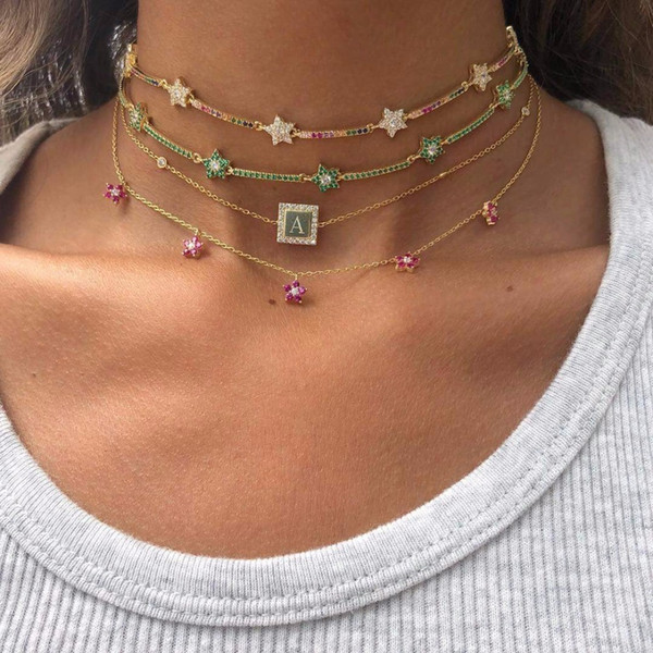 2019 New Fashion Rainbow Color Cute Star Cz Bar Link Chain Choker Necklaces For Women Geometric Charm Delicate Christmas Gift Q190413