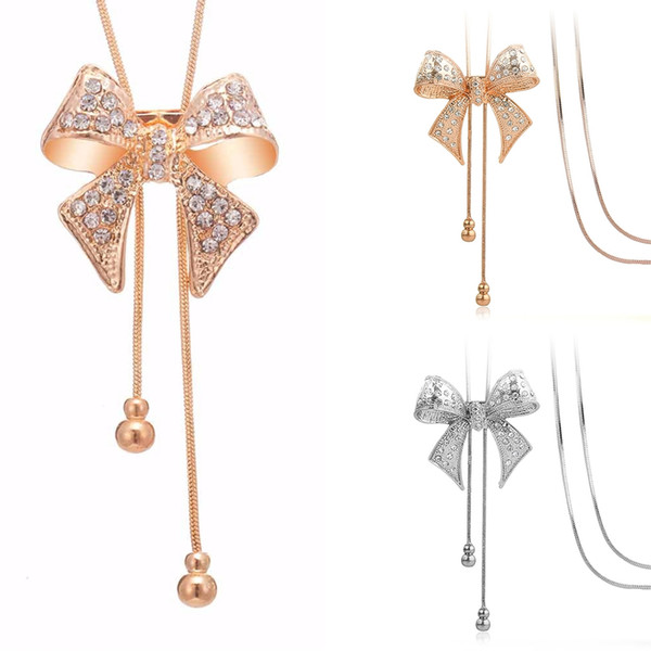 4 Pcs / Lot Rhinestone Gold Silver Alloy Bow Tassel Long Sweater Bow Necklace Fashion Vintage High Quality Female Design False Collar Neckla