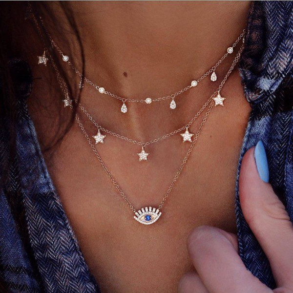 Hot Women Necklace Multi Layer With Star Eye Crystal Pendant Gold Plated Collar Necklaces Chokers Women