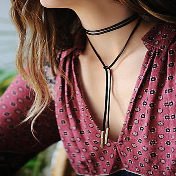 500pcs New Arrival Punk Gothic Style Women Jewelry Fashion Long Black pu Leather Choker Gold Tube False Choker Collar Necklace NK0205