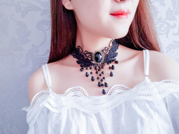 New Sexy Gothic Chokers Crystal Black Lace Neck Choker Necklace Vintage Victorian Women Chocker Steampunk Jewelry