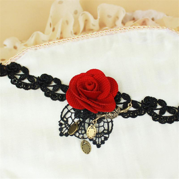 Choker necklace Red rose flower bud silk women's fashion necklaces modern costume jewelry Gothic Vampire Lace jewelry