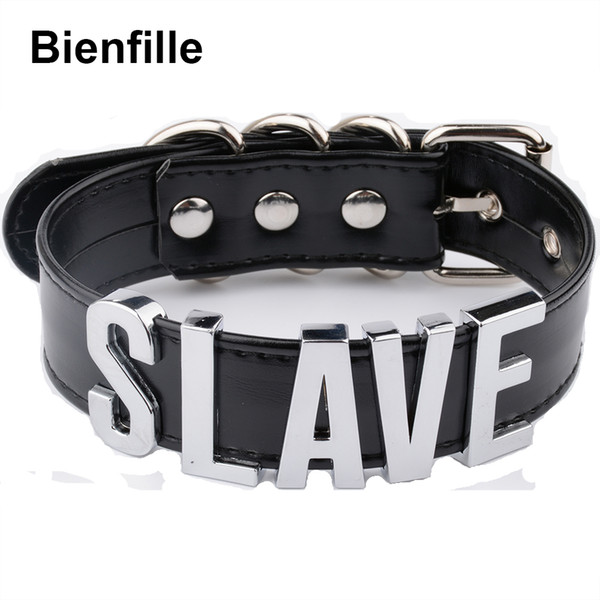 Fashion Gold Men Necklace Women Girl Silver Slave Name Word Customized Collar Buckle Necklace Black PU Leather Kawaii Jewelry Y1891709