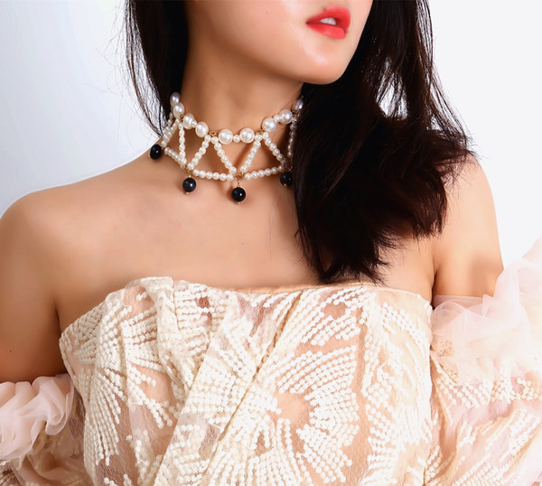 DHL Free Elegant Women Faux Pearl Beaded Choker Necklace Retro Temperament Elegant Item Women Simple Imitation Pearl Geometric Necklace