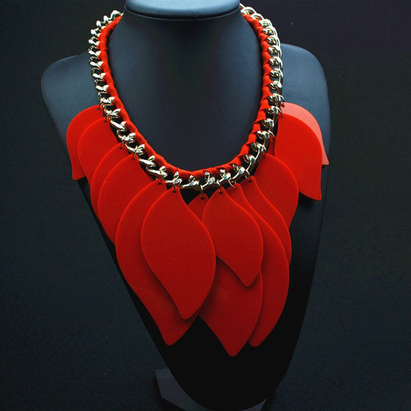 2015 New Fashion Gold Chain Ribbon Resin Leaves Collar Choker Statement Bib Necklace