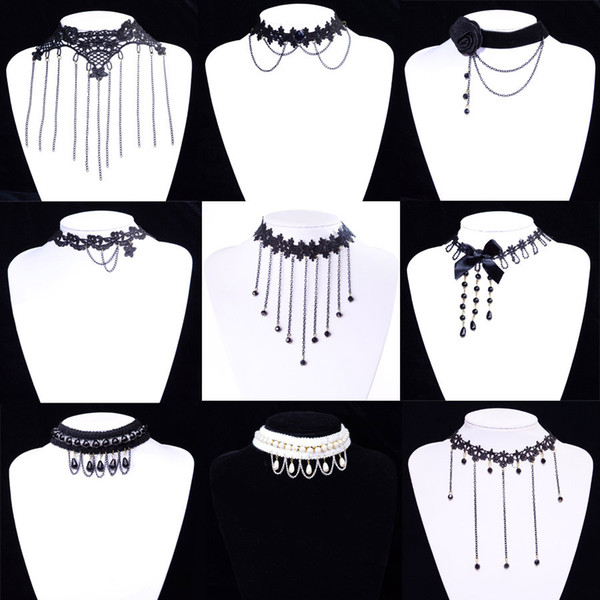 Statement Necklace Gothic Jewelry Lace Chokers Lace Pearl Necklaces For Women Girls Collar Necklace