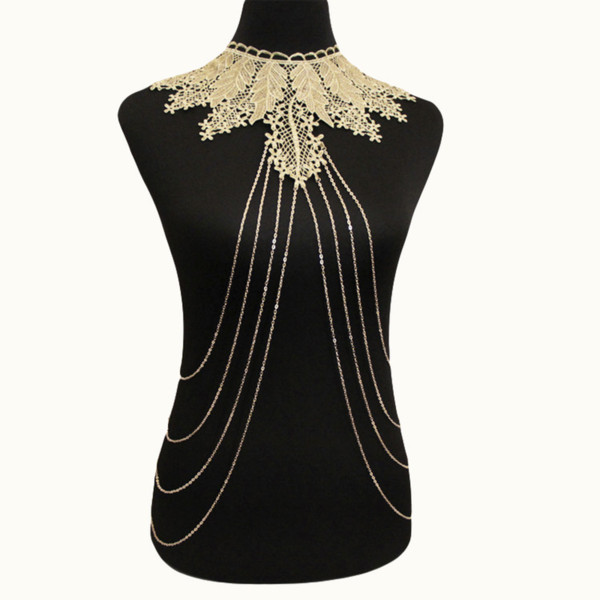 Golden Sexy Necklace Luxury Sexy Aesthetic Lace Flower Leaf Body Chain False Collar Necklace Hot Accessories Long Tassel Necklace