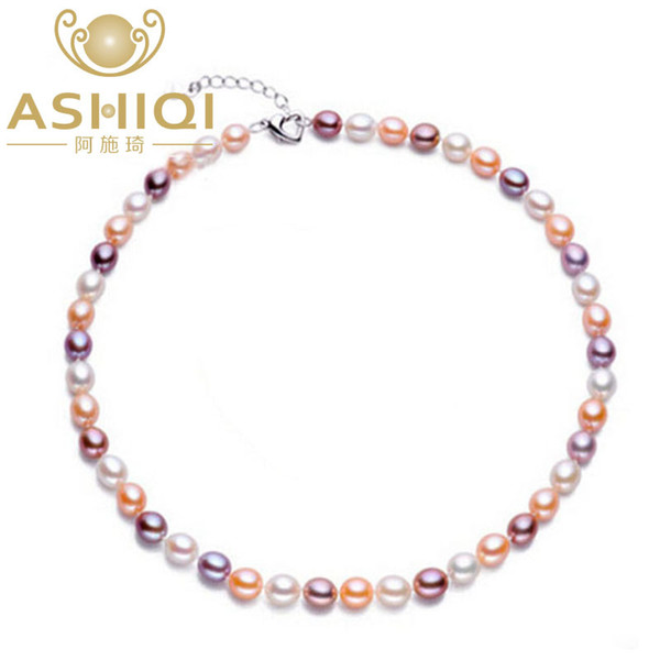 ASHIQI Natural Pearl Necklace Freshwater Pearls for women with 7-8mm colour pearl Jewelry gift 100% 925 silver clasp S18101105