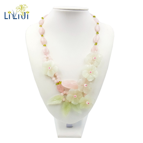 Lii Ji Natural Rose Quartz New Jade Flowers and Leaves Peridot Jade Clasp Handmade Knitting Necklace For Women Fashion Jewelry S18101105