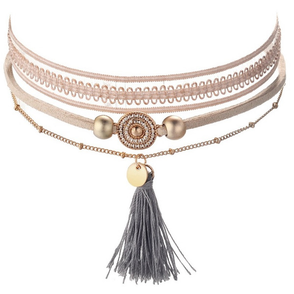 2019 New fashion gothic choker lace combination necklace set golden cool with gray tassel choker short clavicle necklace