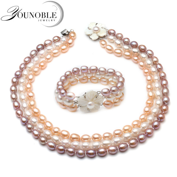 Luxury style AAA Freshwater Three Rows Pearl Necklace Real Rice Pearl necklace Bracelet Set Wedding Jewelry Fine Jewelry Y1892806