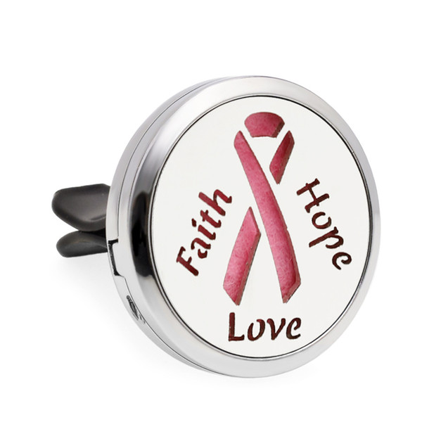 Hand Stamped Faith Hope Love 30MM Car Aroma Perfume Locket 316L Stainless Steel Pink Ribbon Essential Oil Diffuser Perfume Locket