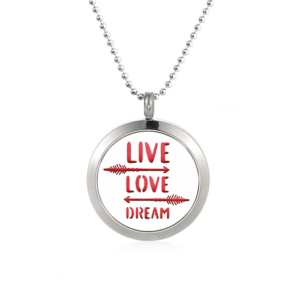 Hand Stamped Live Love Dream 316L Stainless Steel 25/30mm Arrow Essential Oil Perfume Diffuser Necklace Locket Pendant With Free 10 Pads