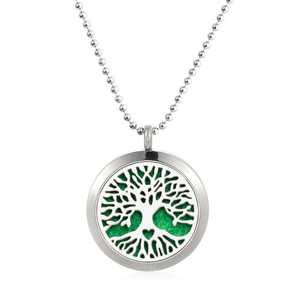 Hot Design 316L Stainless Steel 25/30mm Heart Life Tree Essential Oil Perfume Diffuser Necklace Locket Pendant With Free 10 Pads