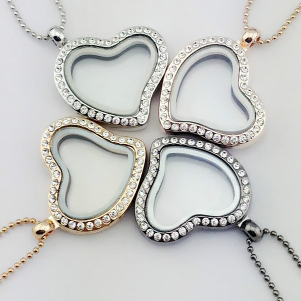 Crystal Heart Locket Necklace for Women Living Memory Glass Locket Necklace Floating Locket Pendant 4 Colors