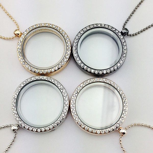 Rhinestone Circle Floating Locket Necklace Women Necklaces 30MM Round Glass Locket Pendants Necklace Fashion Jewelry 4 Colors