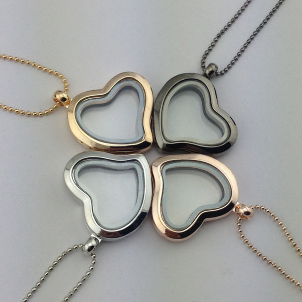 Heart Shaped Locket Pendants Necklace Women Necklaces 28MM Heart Glass Floating Lockets Necklaces Fashion Jewelry 4 Colors