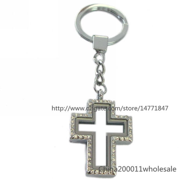 Crystal Cross Shape Magnetic floating locket Keychain zinc alloy floating living memory locket Free shipping