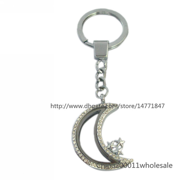 Rhinstone Moon &star Magnetic floating locket Keychain zinc alloy floating living locket Free shipping