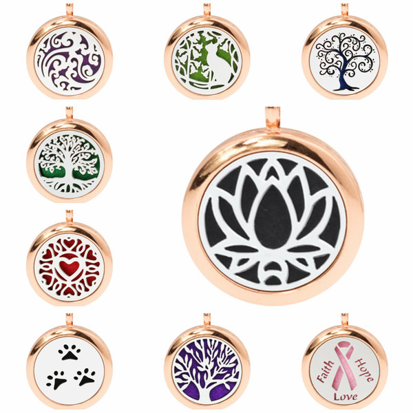 Lotus Flower Tree of Life Rose Gold Color 25mm Magnetic Essentional oil Perfume Aromatherapy Diffuser Locket Pendant Locket Jewelry Making