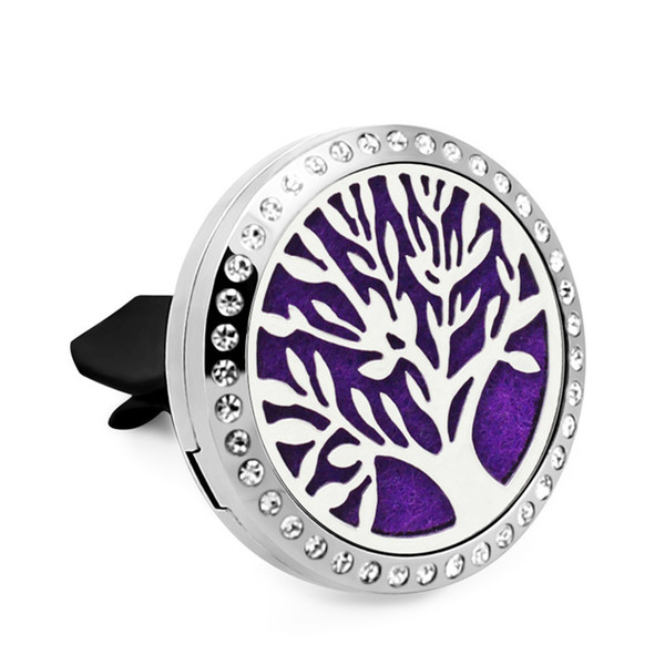 Tree of Life Magent 30mm Crystal Stainless Steel Car Diffuser Locket Aromatherapy Essential Oil Perfume Locket Vent Clip 10pcs Pads