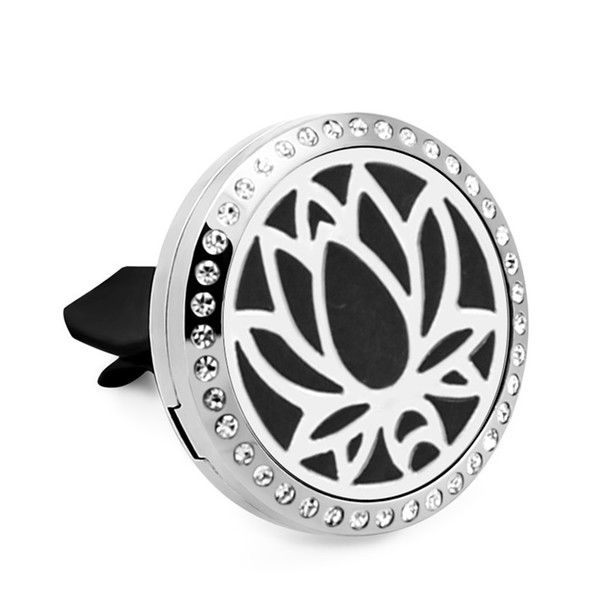 Lotus Flower Magent 30mm Crystal Stainless Steel Car Diffuser Locket Aromatherapy Essential Oil Perfume Locket Vent Clip 10pcs Pads