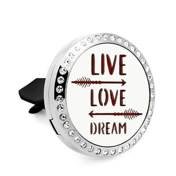 Live Love Dream Magent 30mm Crystal Stainless Steel Car Diffuser Locket Aromatherapy Essential Oil Perfume Locket Vent Clip 10pcs Pads