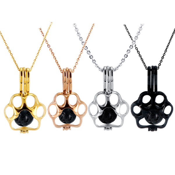 Paw Print Oyster Pearl Cage Pendant Stainless Steel Women Rolo Chain Silver /Gold / Rose Gold /Black Cute Paw Necklace