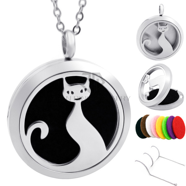 New Arrival Round 30mm Silver Cat 316L Stainless Steel Aromatherapy/Essential Oil Diffuser Pendant Necklace Hollow Perfume Locket with pads