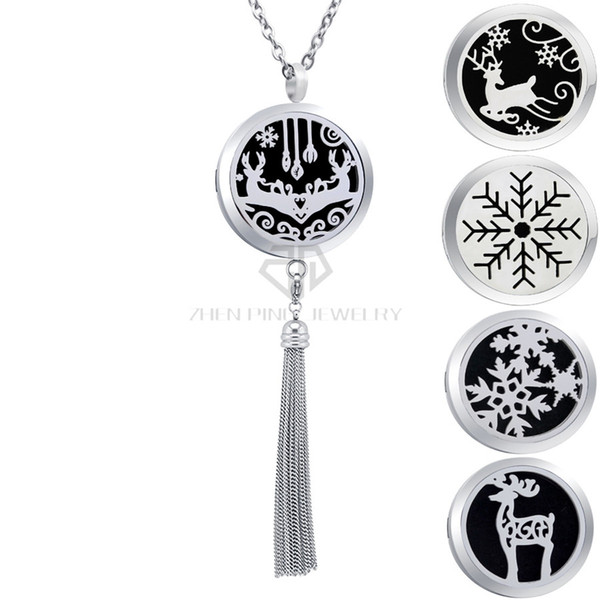 Christmas Deer Stainless Steel 30mm Silver Essential Oil Tassels Diffuser Locket Pendant Snow Aromatherapy Fringe Dangle Perfume Necklace